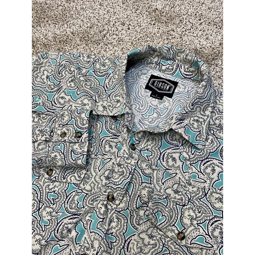 Gibson Trading Company Western Shirt Men’s Large Pearl Snap White Blue Paisley